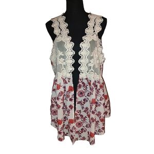Anthropologie Floral Lace Trim Top - Red and Cream